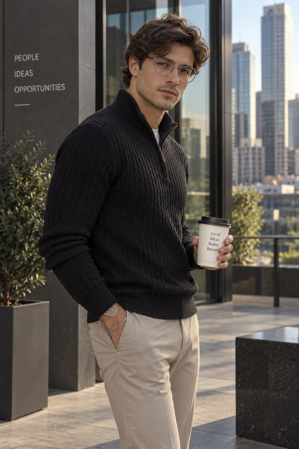 Waffle-Knit Mock Neck Sweater