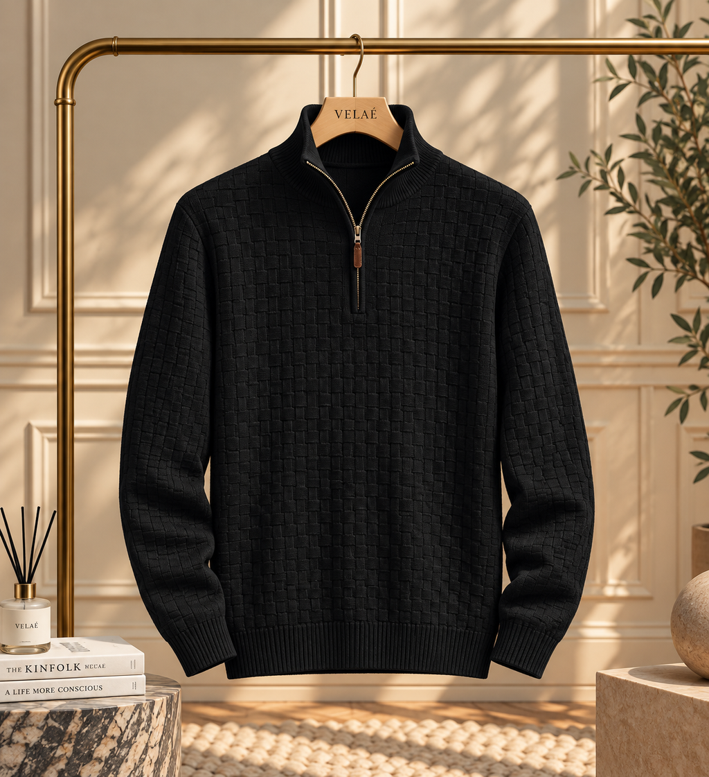 Waffle-Knit Mock Neck Sweater